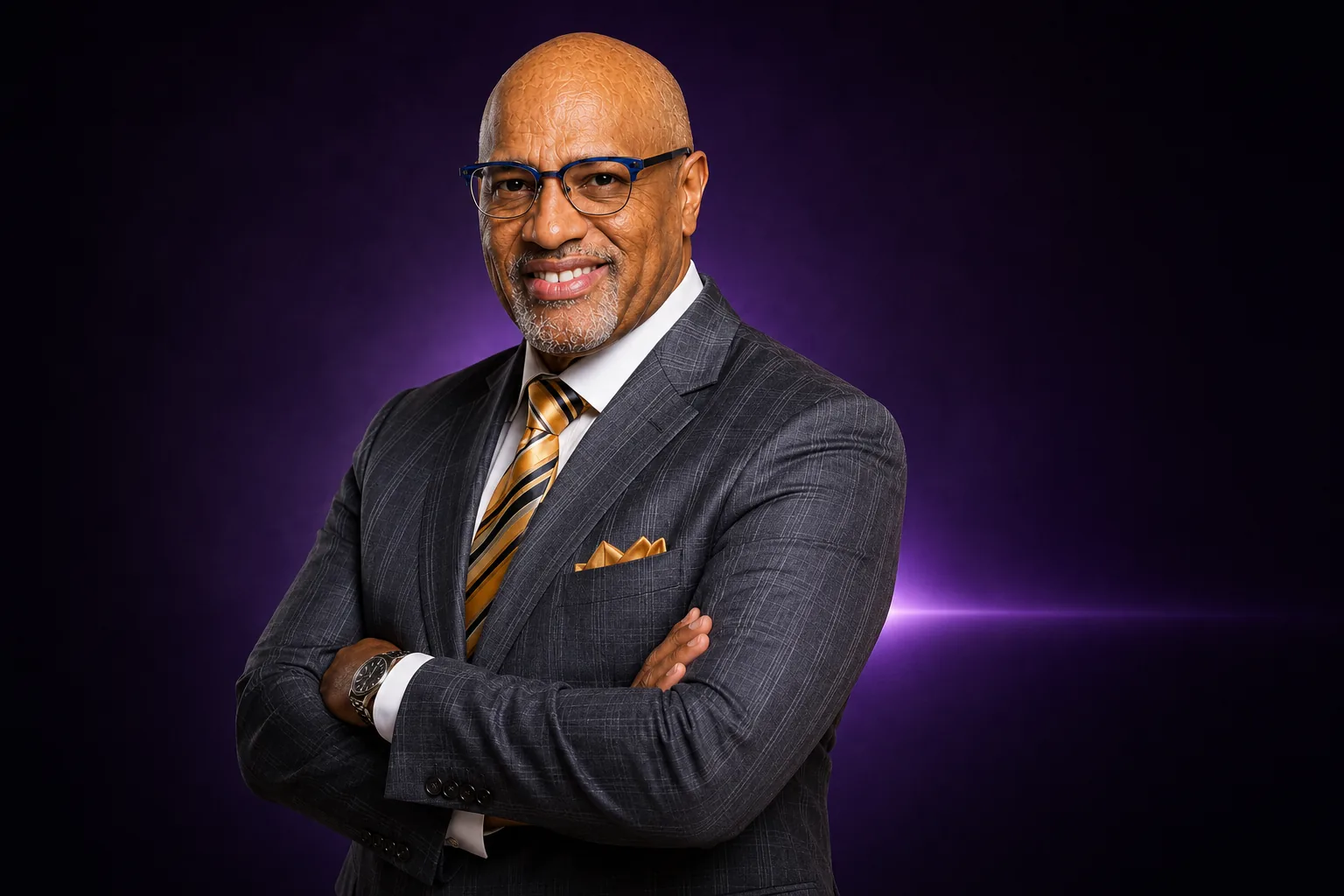 Dr. Nosakhere Thomas standing confidently in a tailored suit