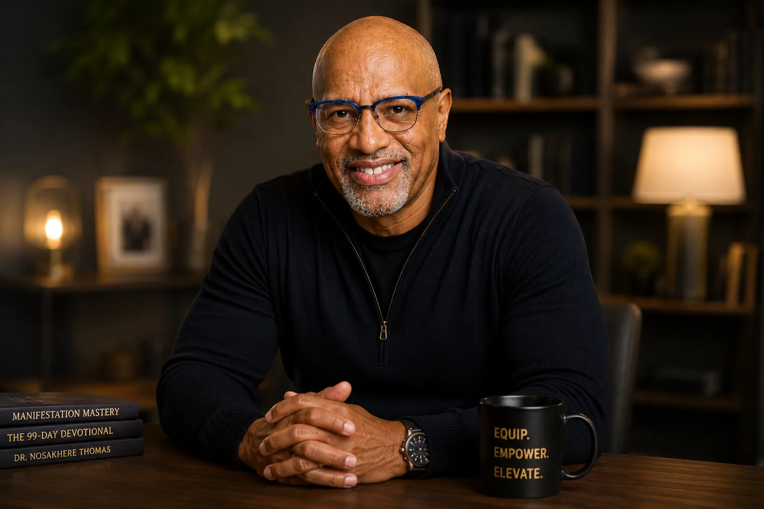 Dr. Nos seated at his desk in a warm coaching environment